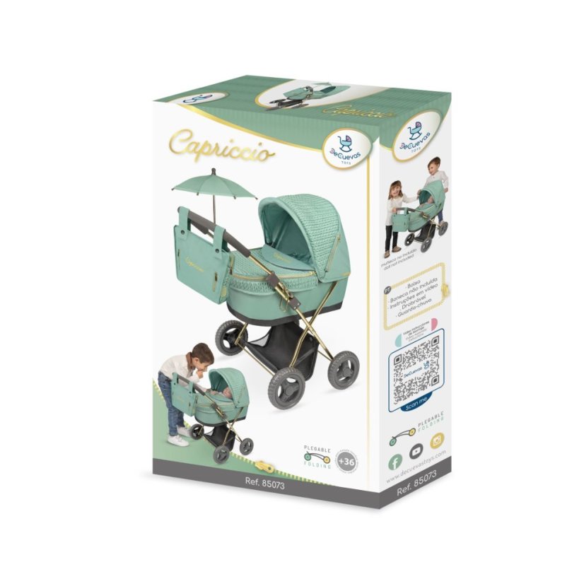 DeCuevas 85073 Skladací kočík pre bábiky so slnečníkom a taškou Capriccio 2025-60 cm