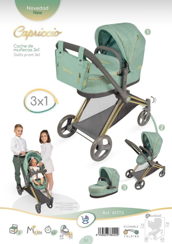 DeCuevas 81773 Skládací kočárek pro panenky 3 v 1 s taškou Capriccio 2025 - 73 cm