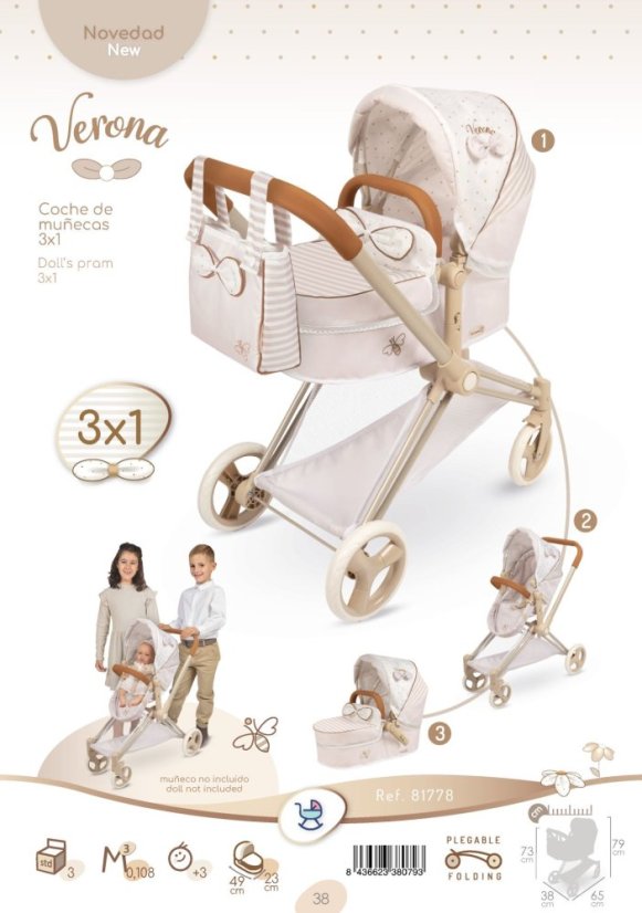 DeCuevas 81778 Skladací kočík pre bábiky 3 v 1 s taškou Verona 2025-73 cm