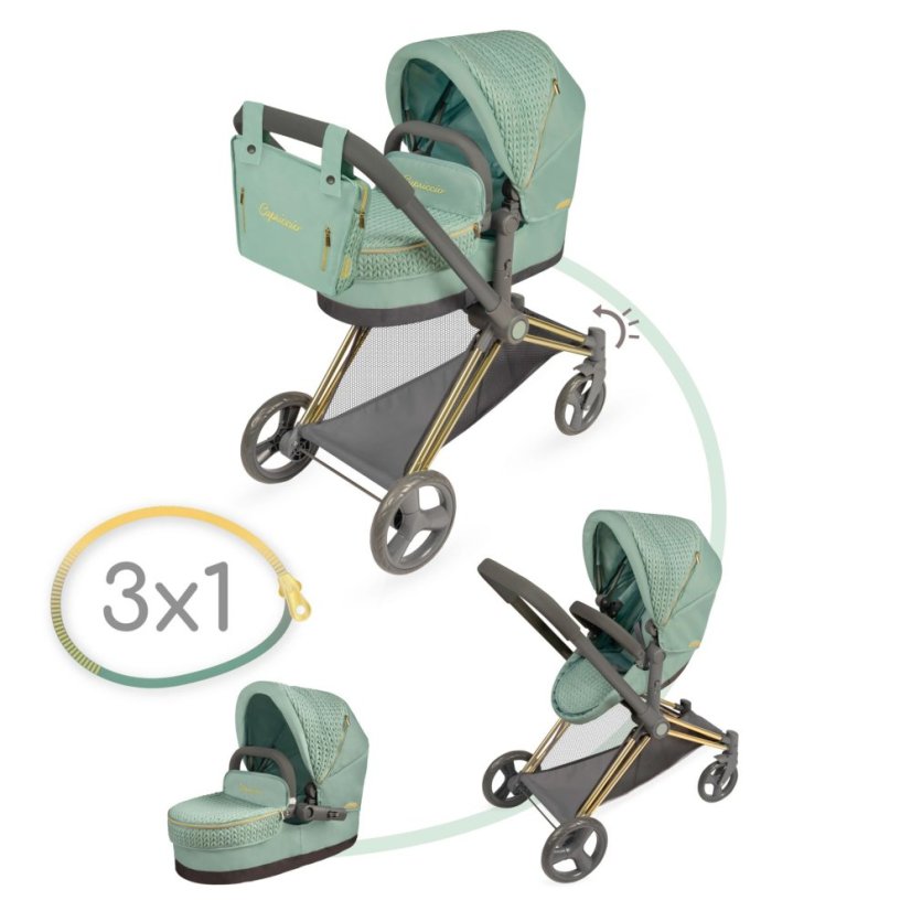 DeCuevas 81773 Skladací kočík pre bábiky 3 v 1 s taškou Capriccio 2025-73 cm