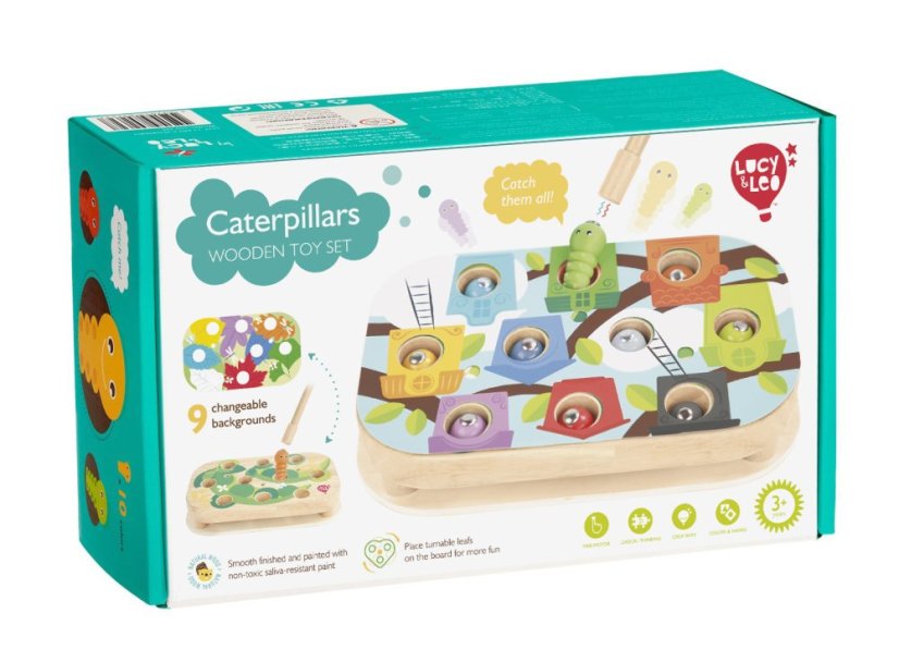 Lucy & Leo - Chytanie húseníc – drevená motorická stolová hra s magnetmi